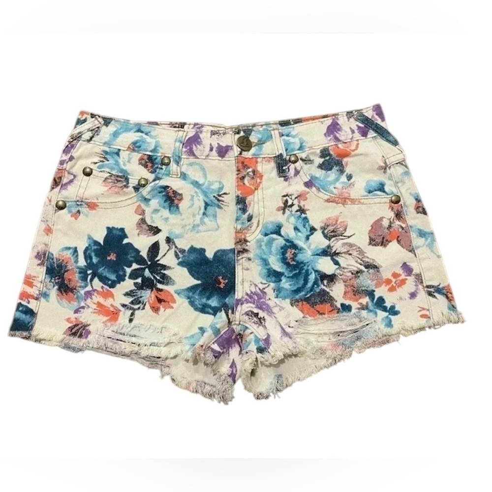 Free People White Floral Print Denim Distressed High Waist Shorts Size 26 - Picture 9 of 9